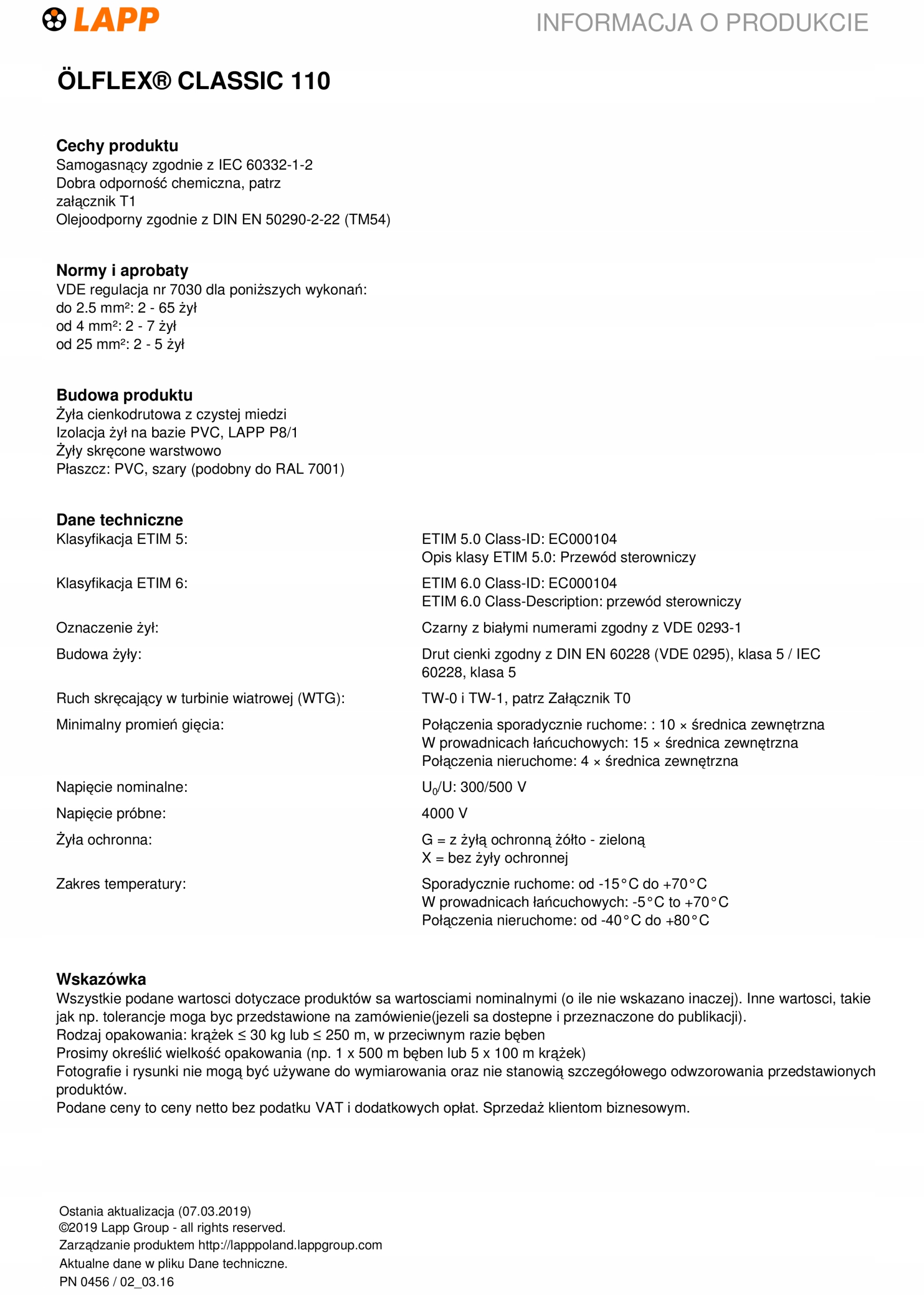 Przewód sterowniczy OLFLEX 110 2G0,75 LAPP KABEL Typ przewód