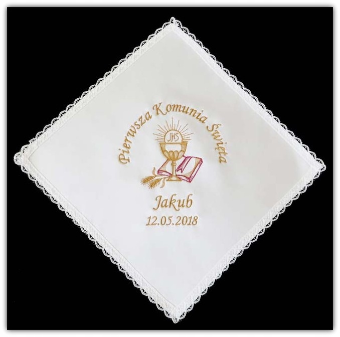 Biała PAMIĄTKOWA CHUSTA do I KOMUNII ŚWIĘTEJ haft Szerokość produktu 25 cm