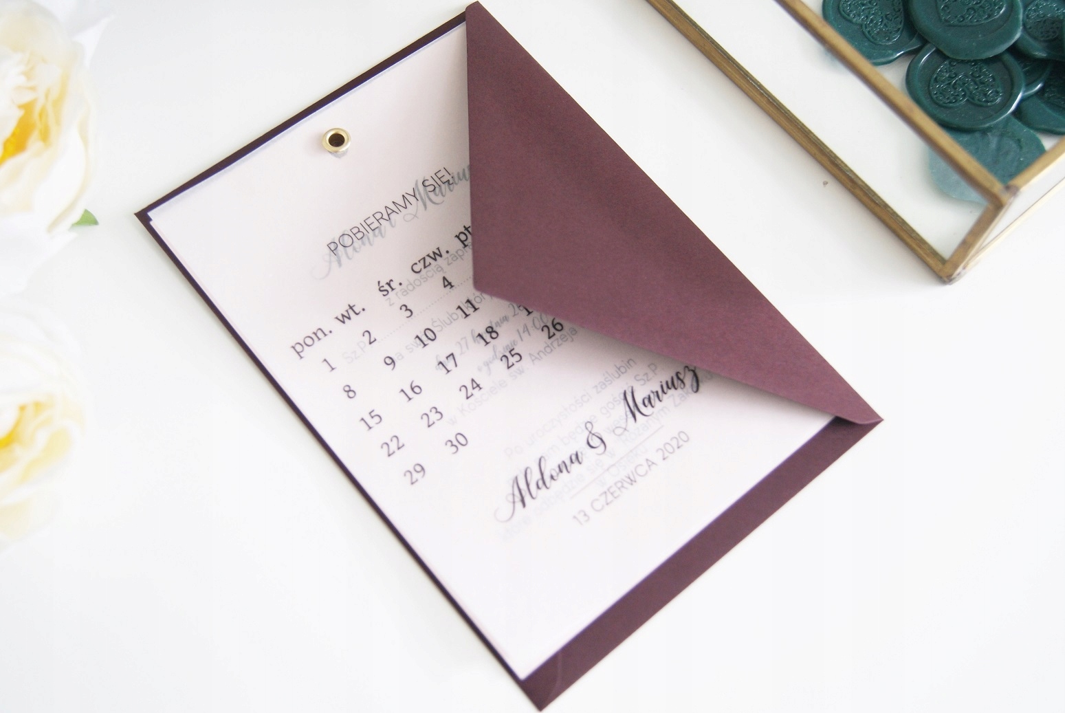 ZAPROSZENIA ŚLUBNE kalka kalendarz nit zaproszenie Kształt prostokątny