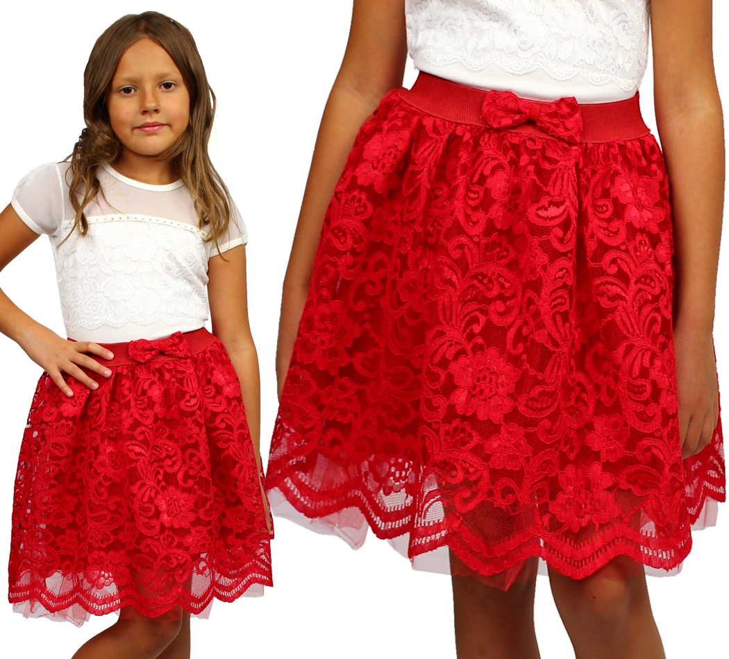 ELEGANCKA Spódniczka KORONKA Haft CZERWONA 152