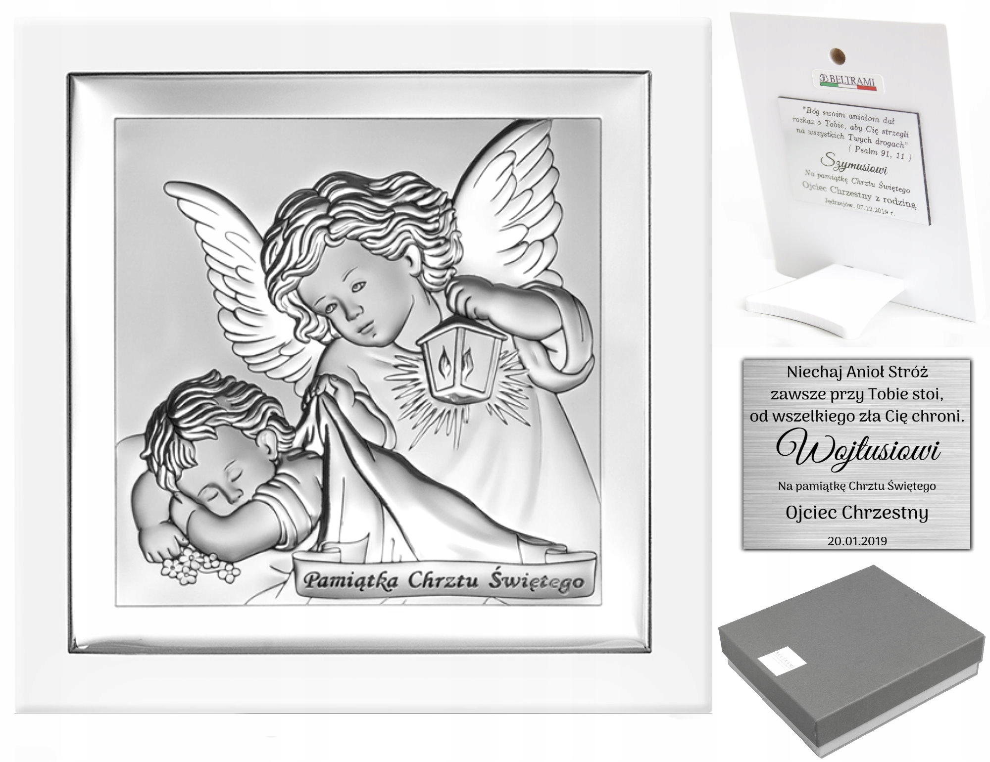 Stříbrný Obrázek Anděl Suvenýr Křtu Gravírování
