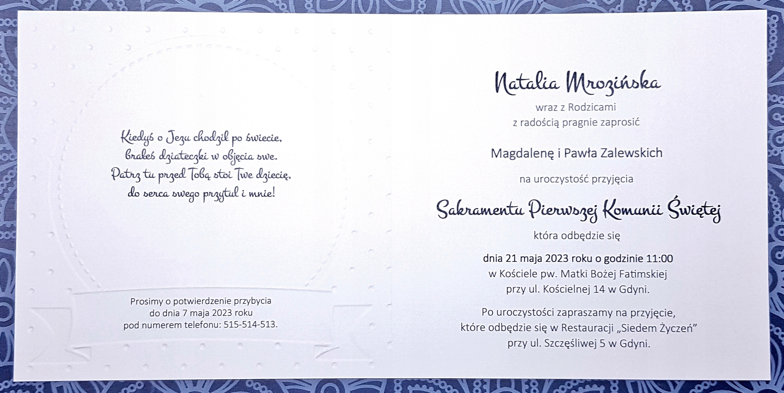 ZAPROSZENIA NA KOMUNIĘ KOMUNIJNE - ZŁOTE DZIECKO Grubość papieru 246 g