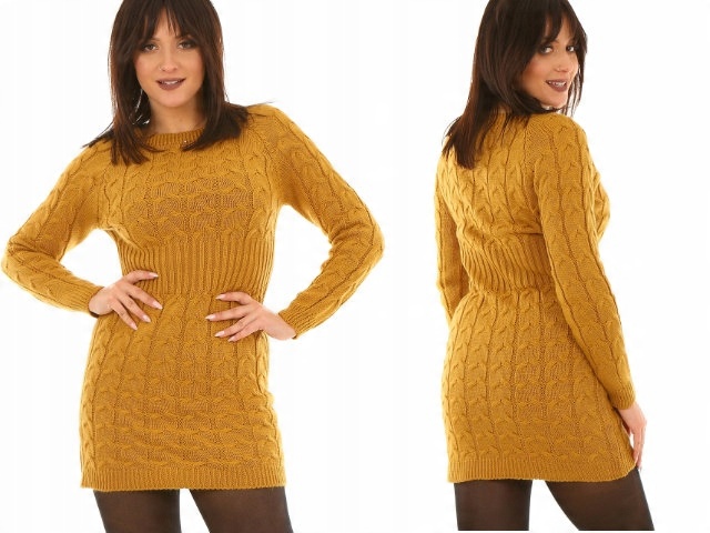 

F476 Ciepła taliowana Sukienka sweter warkocze