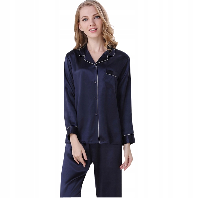100% Hedvábné pyžamo Noční Dámská košile Kalhoty s dlouhým rukávem námořnická modrá S