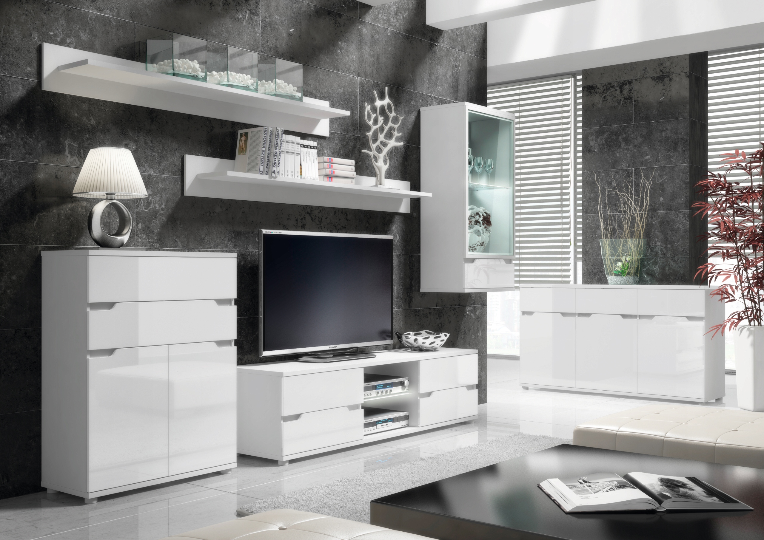 Alaska Szafka RTV stolik pod tv biały wysoki połysk +LED Kolekcja Alaska