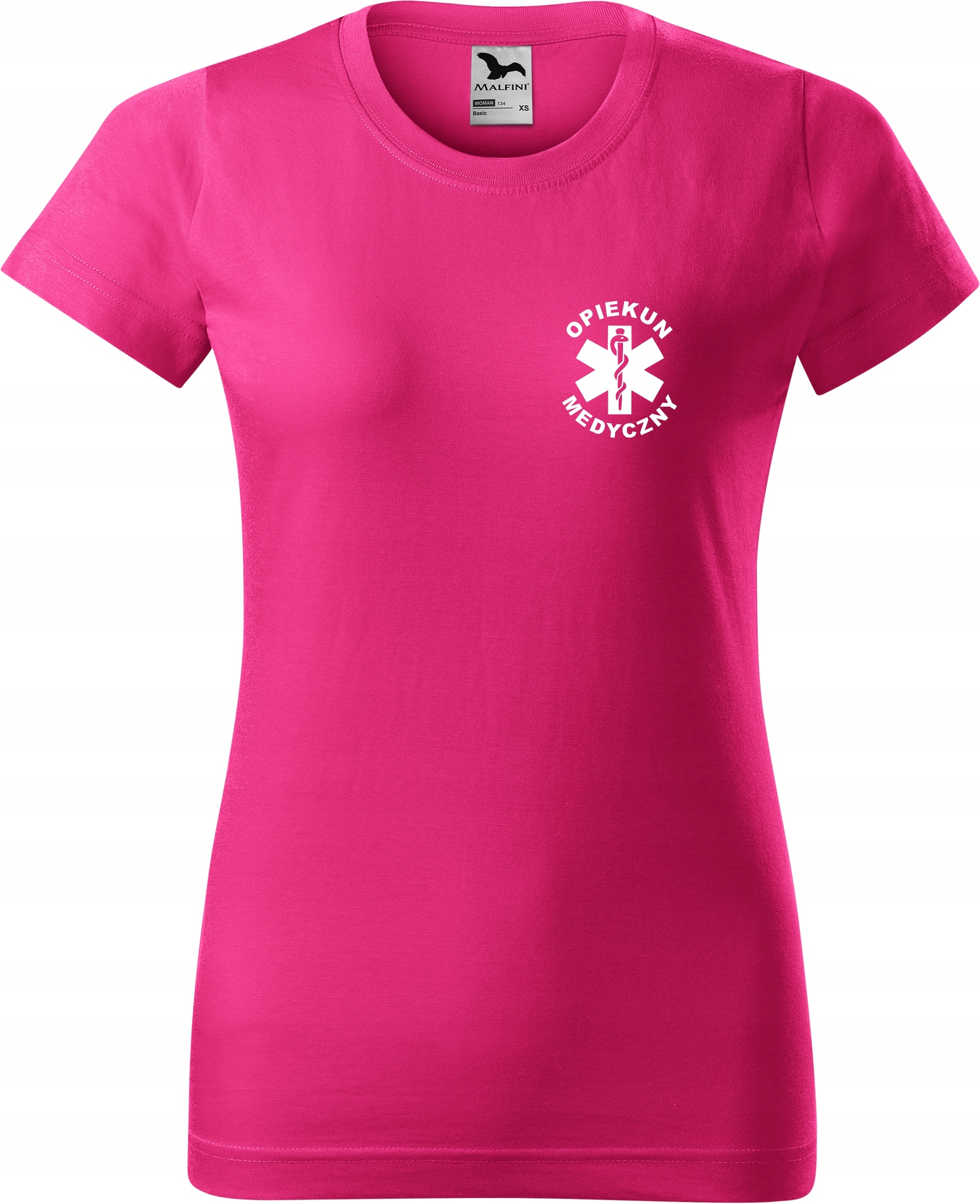 

Damska koszulka medyczna Opiekun Medyczny Malina