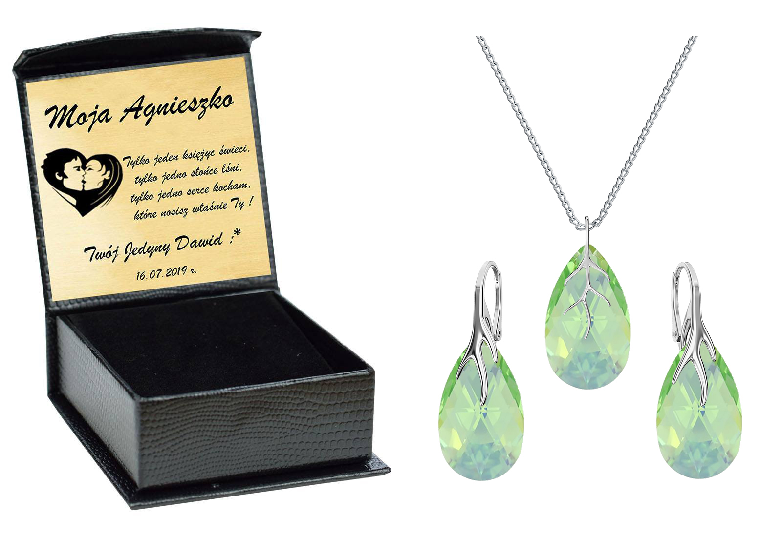 

Almond Drapieżny Srebrny Komplet Swarovski Grawer