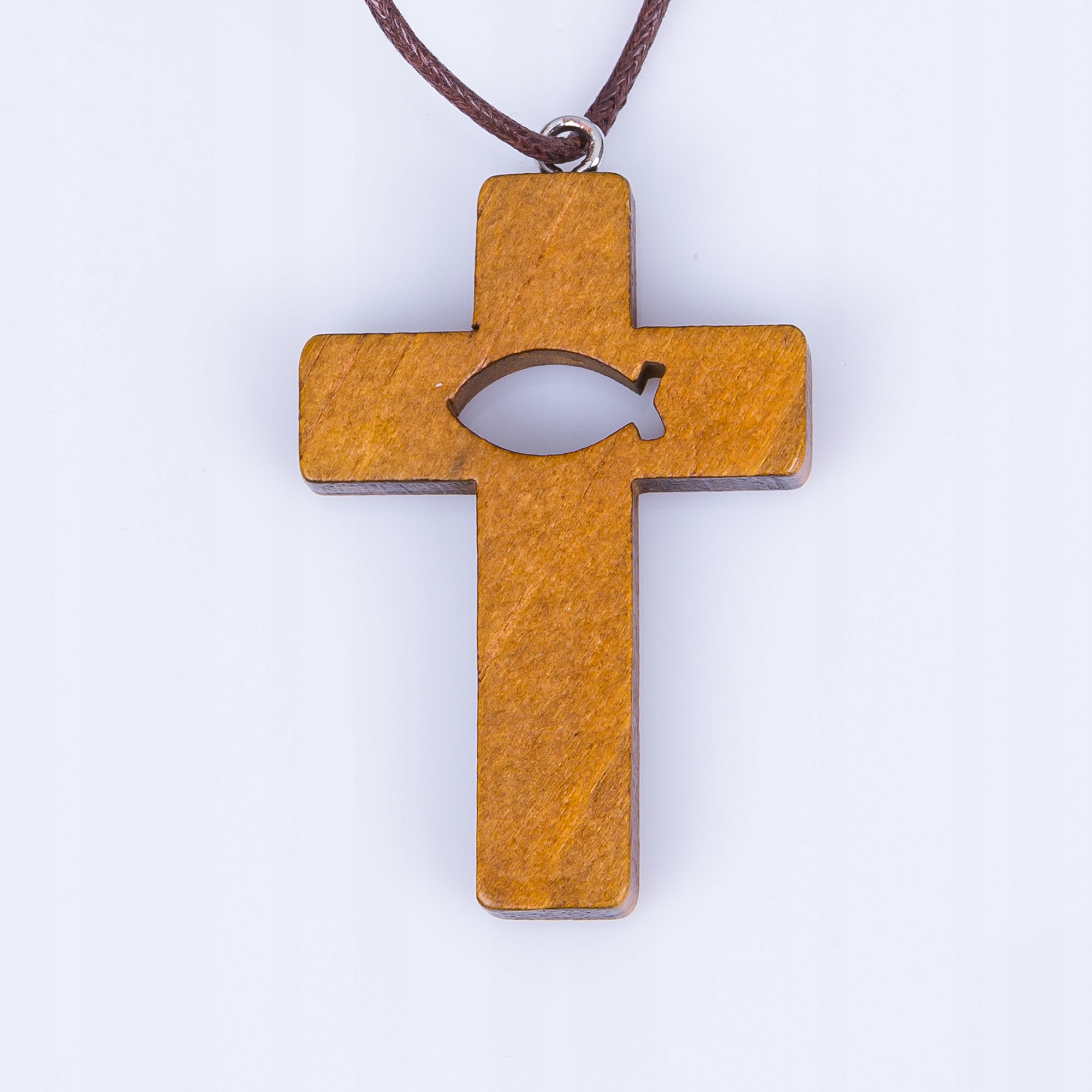 Naszyjnik - krzyżyk - rybka- ICHTYS-drewno-rzemyk