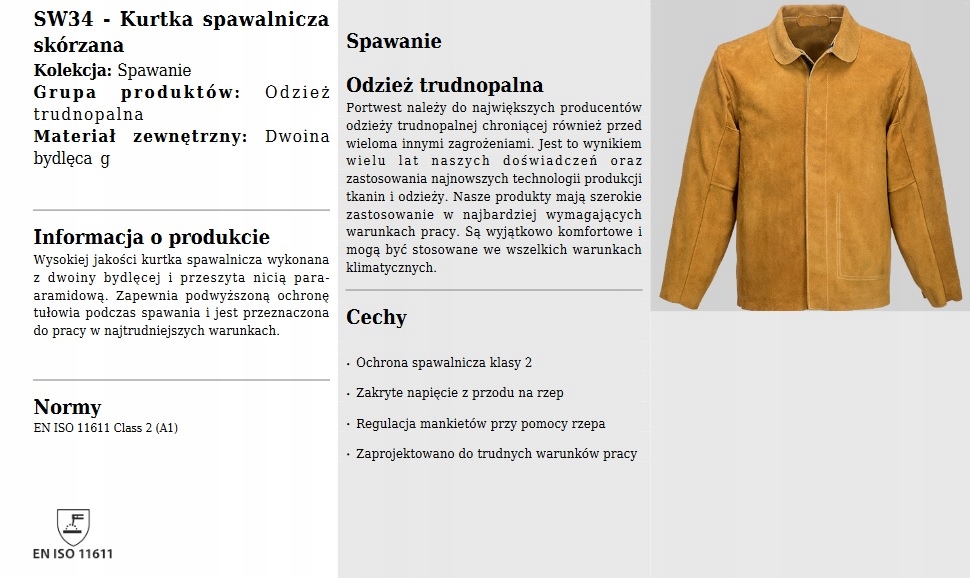 PORTWEST KURTKA SPAWALNICZA TRUDNOPALNA SKÓRZANA Kod producenta SW34