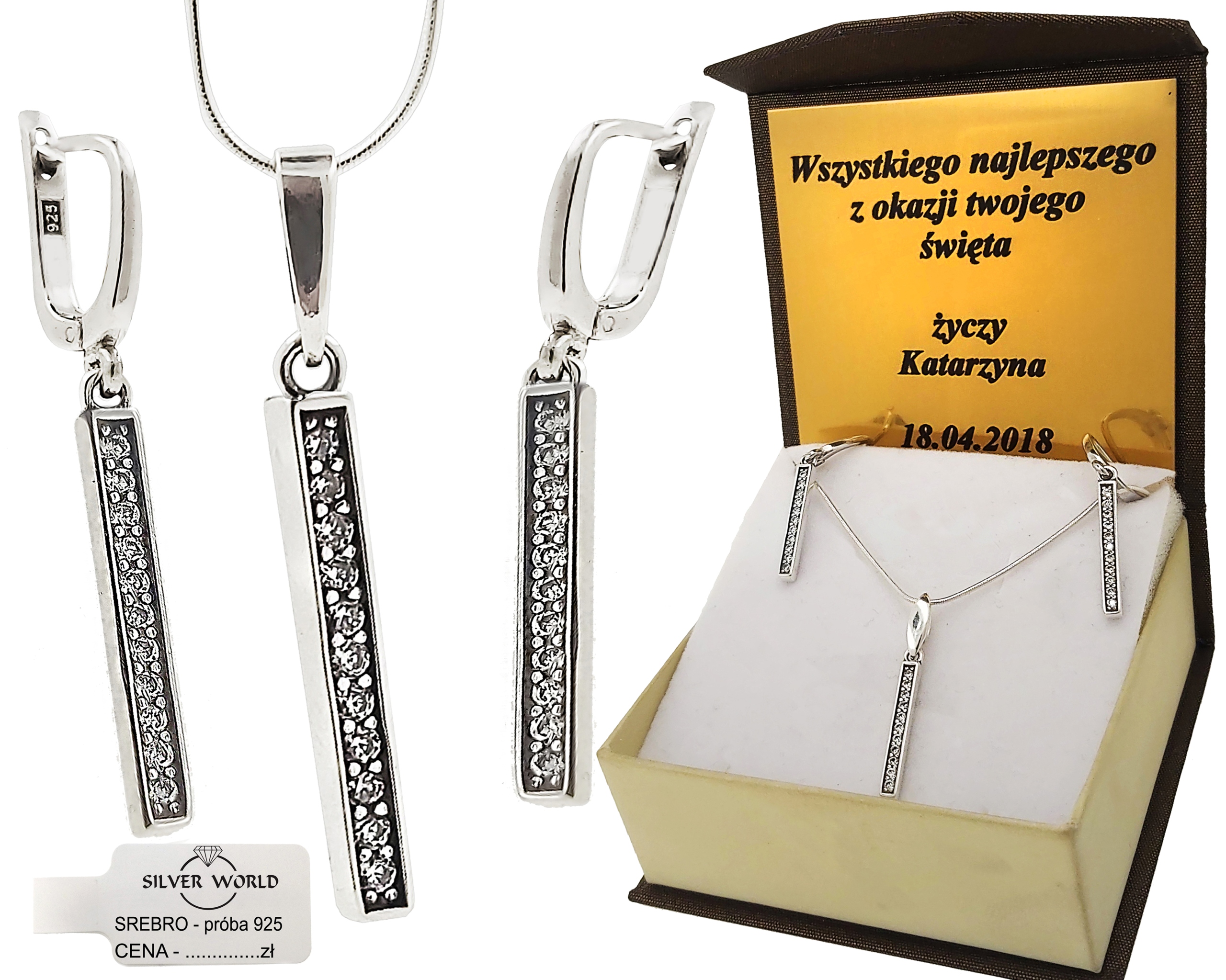 

Komplet Biżuterii 925 .Cyrkonie Swarovski Grawer