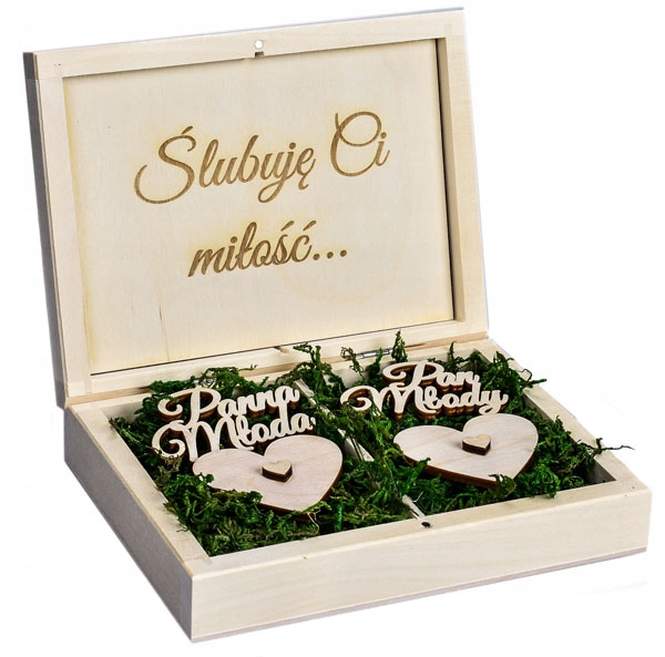 

Pudełko Na Obrączki z Tekstem Naturalne Mech Ślub