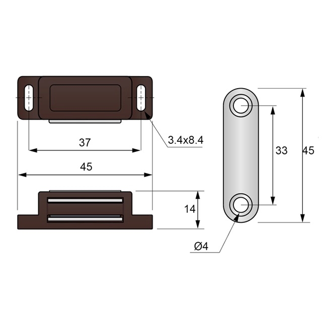 ZATRZASK ZAMEK MAGNETYCZNY MAGNES DO DRZWI SZAFEK Długość 45 mm