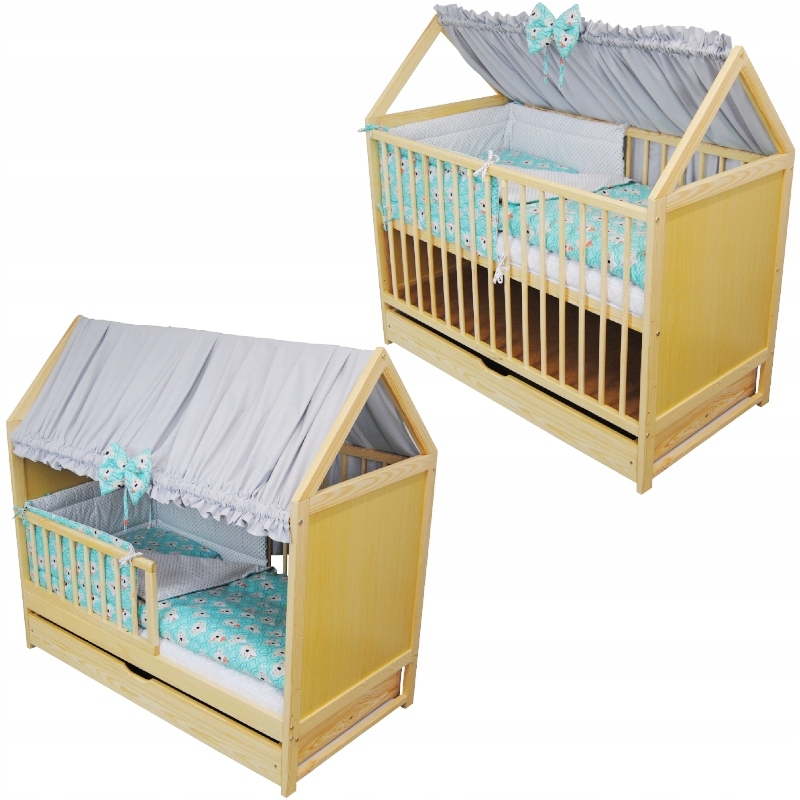 Sada postýlka gauč 2v1 Jeníček domeček šuplík borovice 120x60 cm povlečení