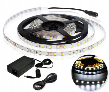 TAŚMA LED 60x 5050 14,4W BIAŁA ZIMNA 2m + ZASILACZ
