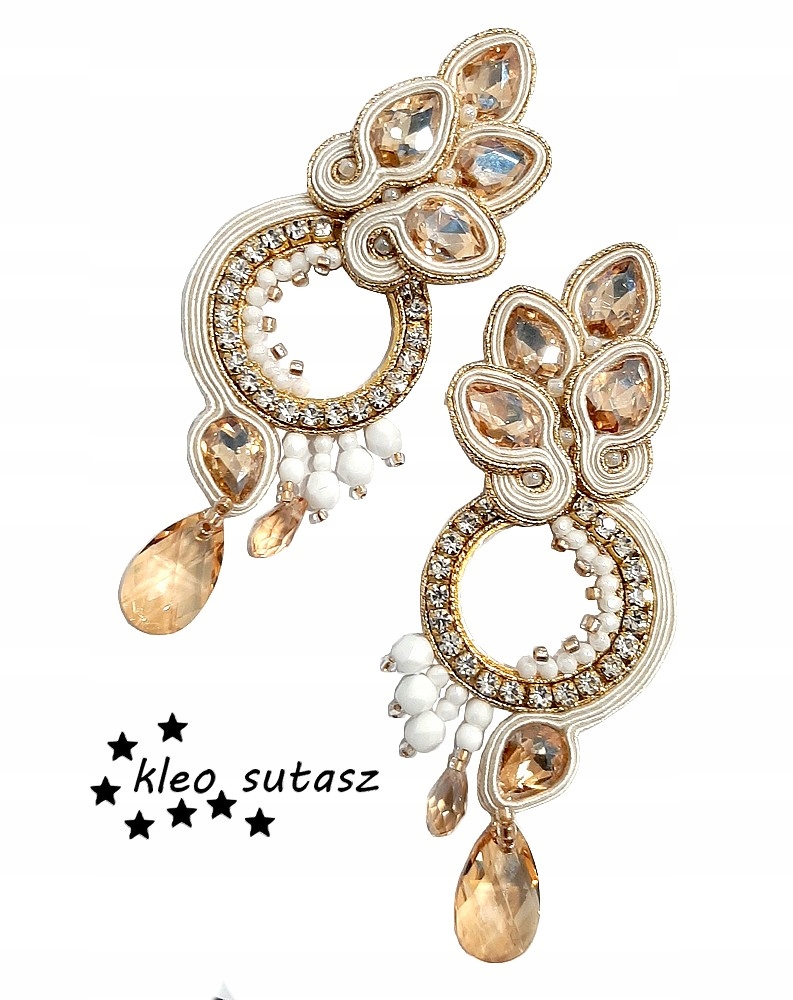 PIĘKNE KOLCZYKI ŚLUBNE SZAMPANOWE ZŁOTE ECRU 11 CM Kod producenta SLAVIC KLEO SUTASZ