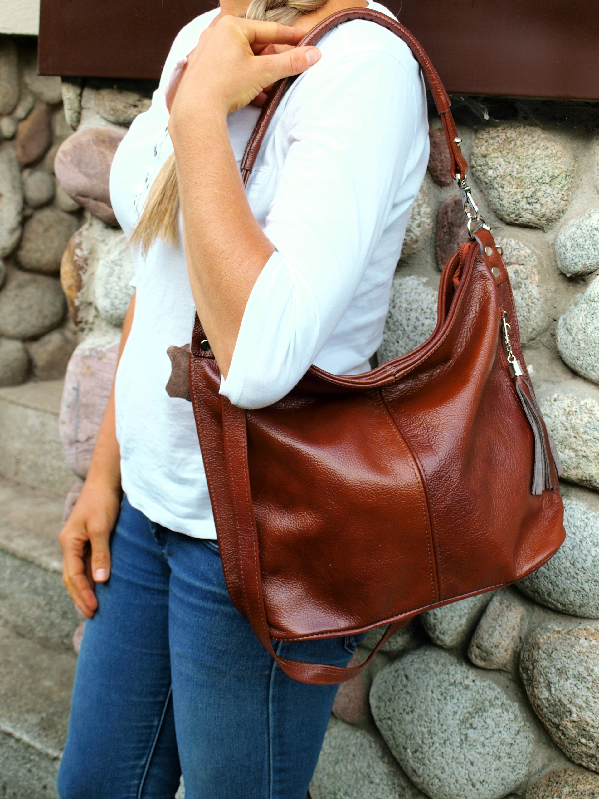 TOREBKA SKÓRZANA WOREK BRĄZOWO-RUDA LISTONOSZKA Wysokość uchwytów 20 cm