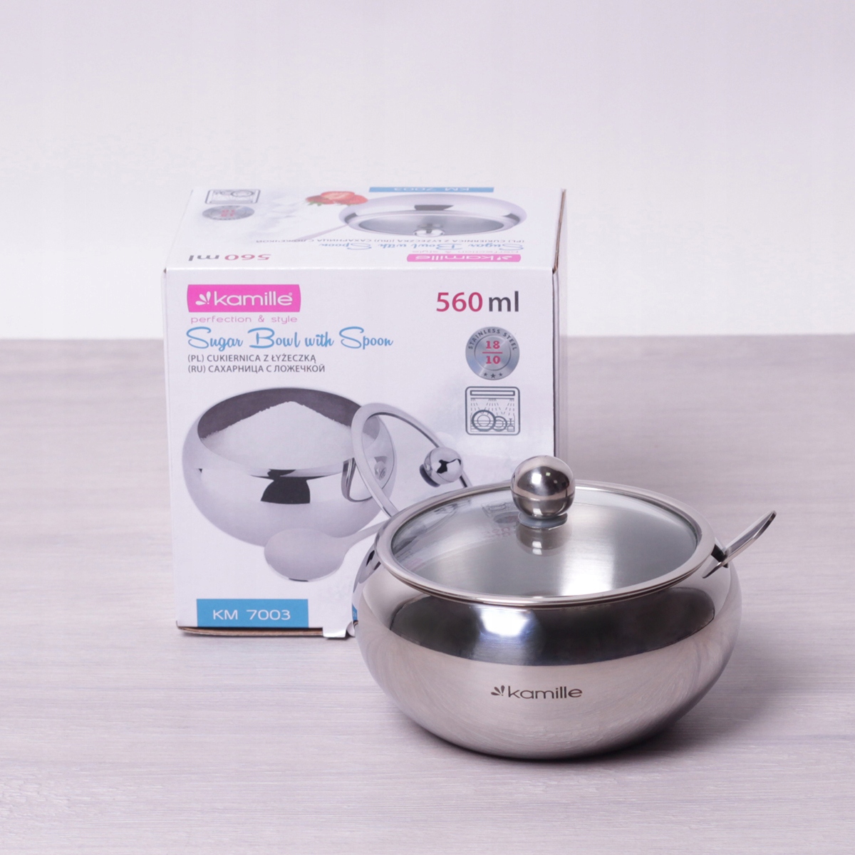 CUKIERNICA STALOWA z ŁYŻECZKĄ CUKIERNICZKA KAMILLE Materiał wykonania metal