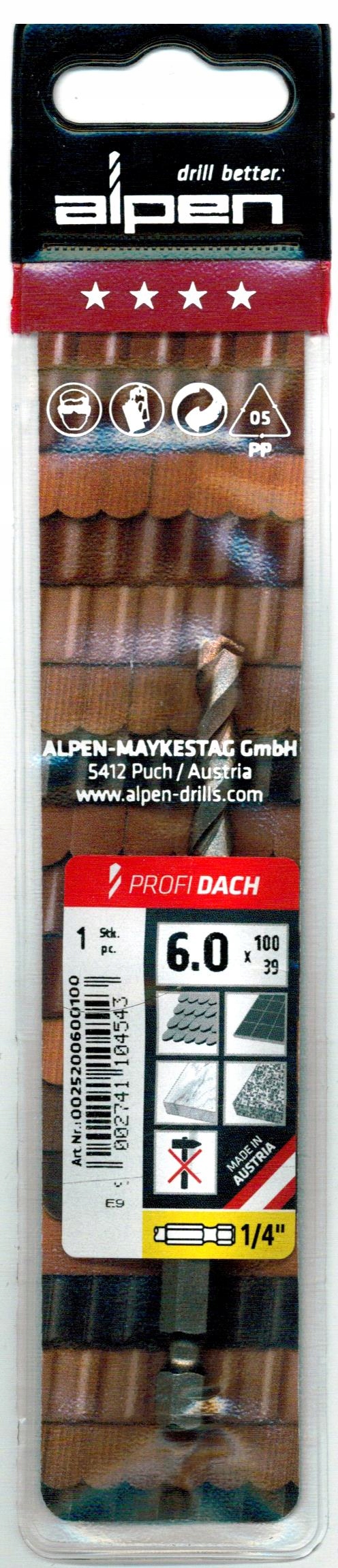 

Alpen Wiertło do dachówek 1/4 Profi Dach 6,0 mm