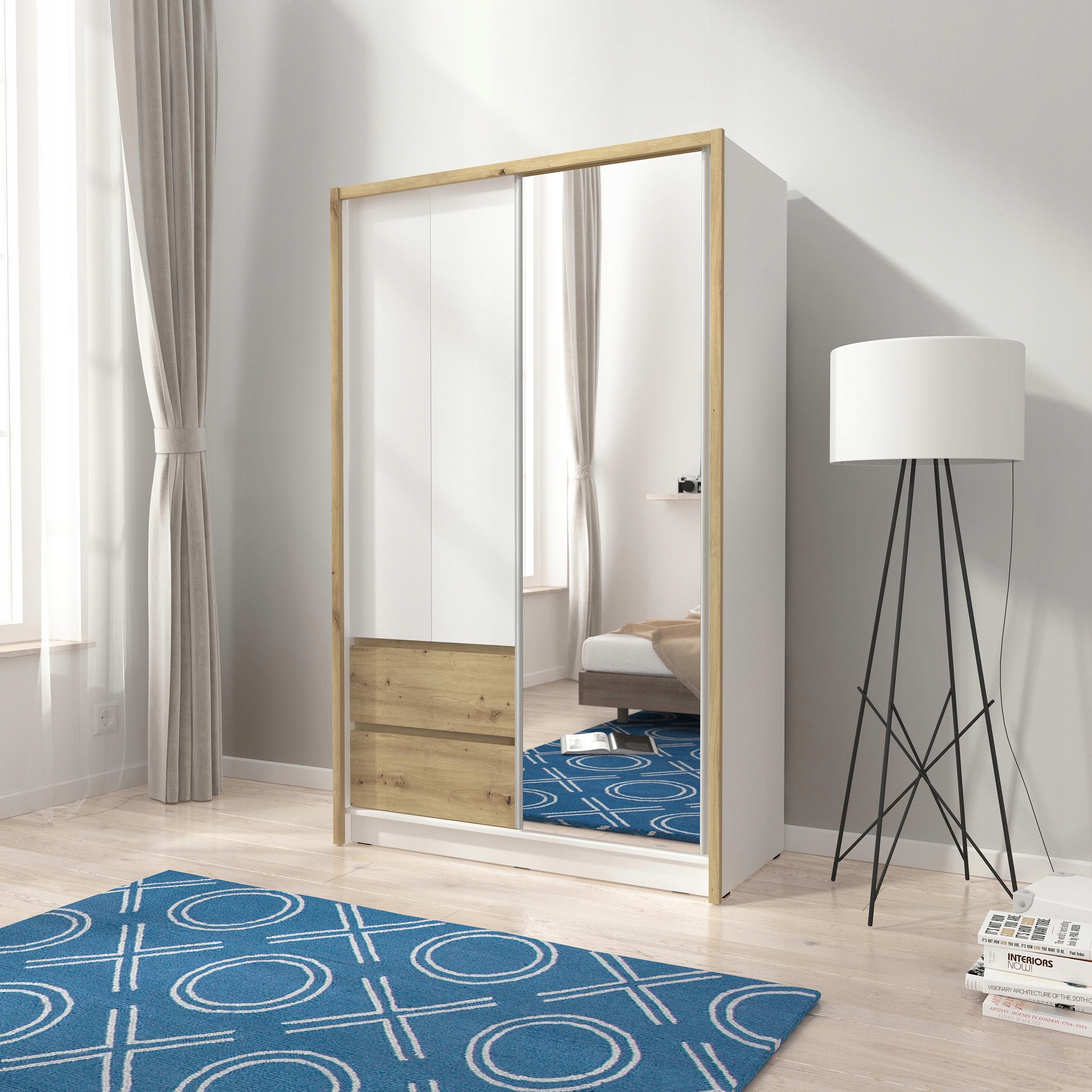 Szafa Przesuwna BELA 130 Biała + Dąb Artisan Kod producenta BELA 130