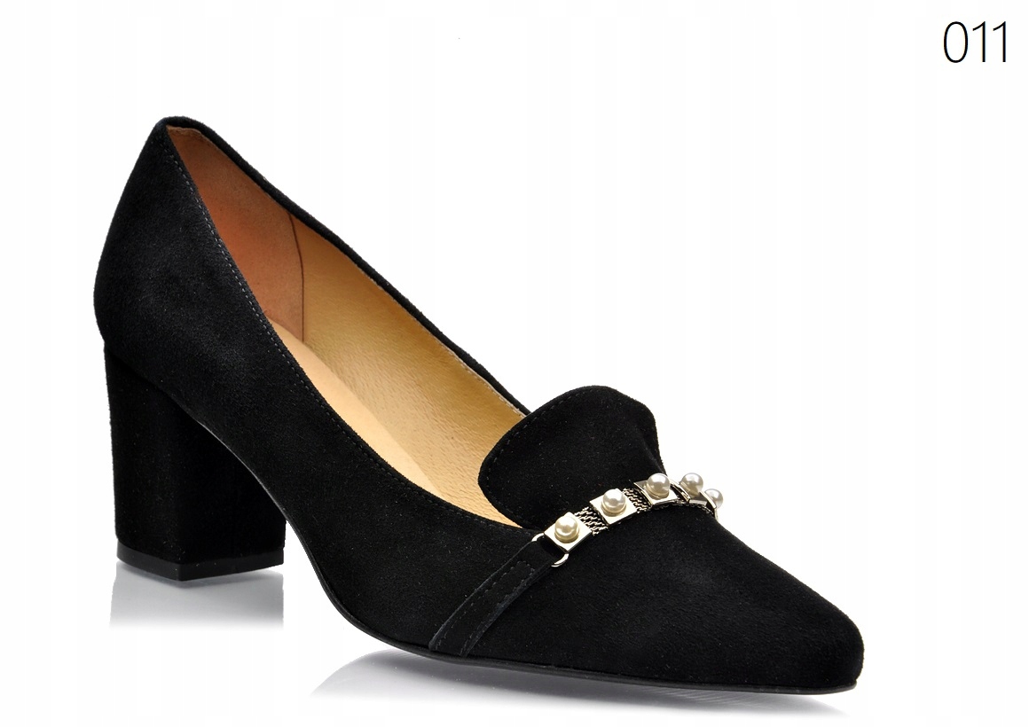 Černé kožené semišové lodičky na podpatku s perlami J.w 41