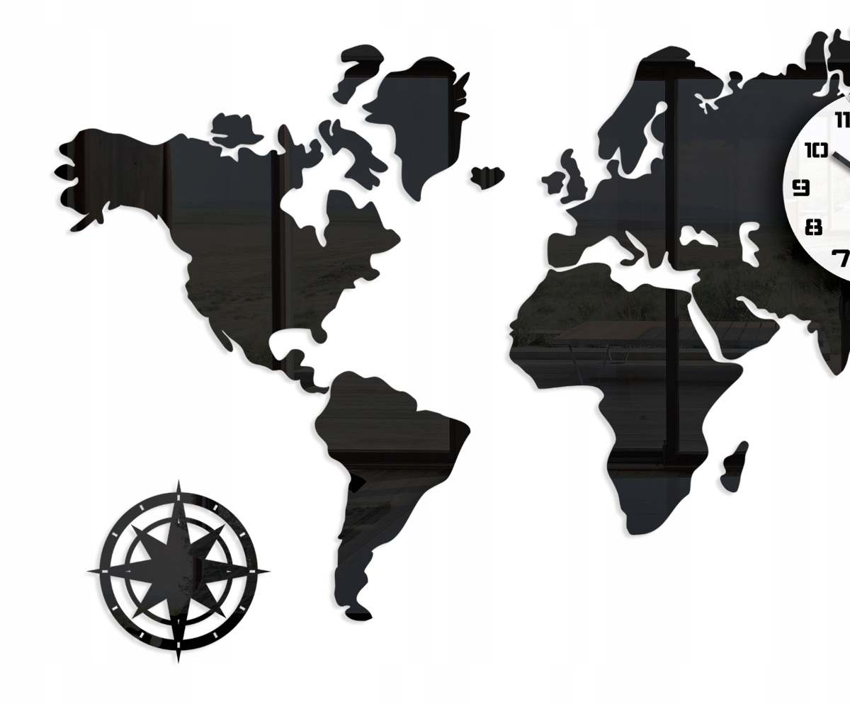 Luxusné 3D nástenné hodiny 70x120 cm Veľká mapa sveta čierna