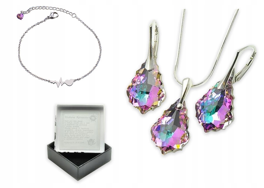 

Srebrny Komplet 925 Swarovski Kolory + Grawer Box