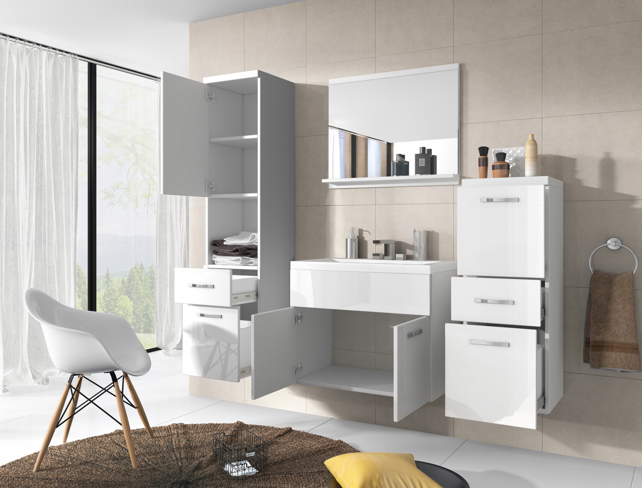 Zestaw Mebli Łazienkowych z Lustrem i Umywalką Białe Meble Do Łazienki Kod producenta Nevada