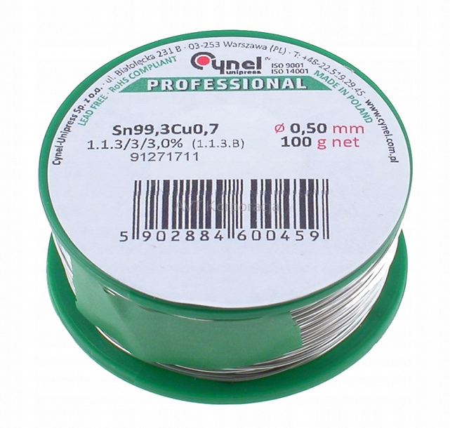 

Cyna bezołowiowa 0,7 mm, 100 g, Cyna 070/100CU