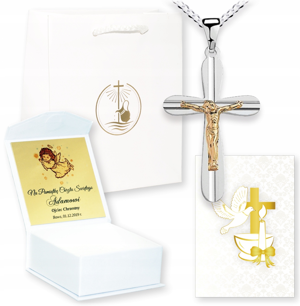 PREZENT CHRZEST ŚWIĘTY CHRZTU ŚW PAMIĄTKA KRZYŻYK Materiał Srebro Pozłacany