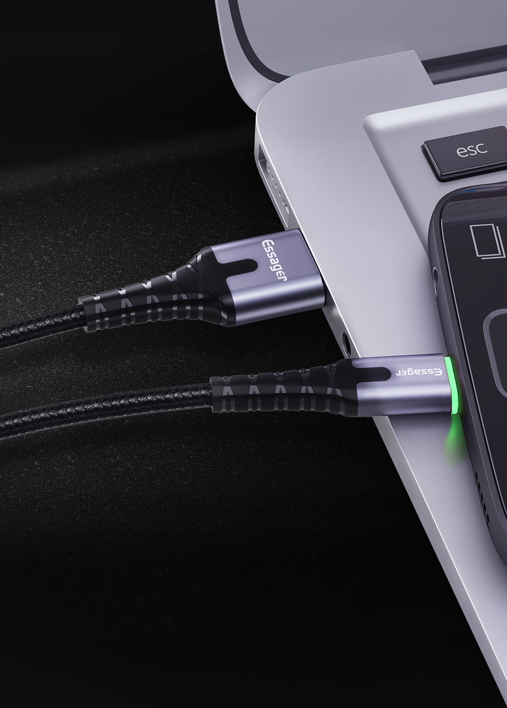 Kabel USB ESSAGER 3A TYPE-C USB-C QC 3.0 1m LED Zgodność ze standardem Quick Charge 1.0 Quick Charge 2.0 Quick Charge 3.0