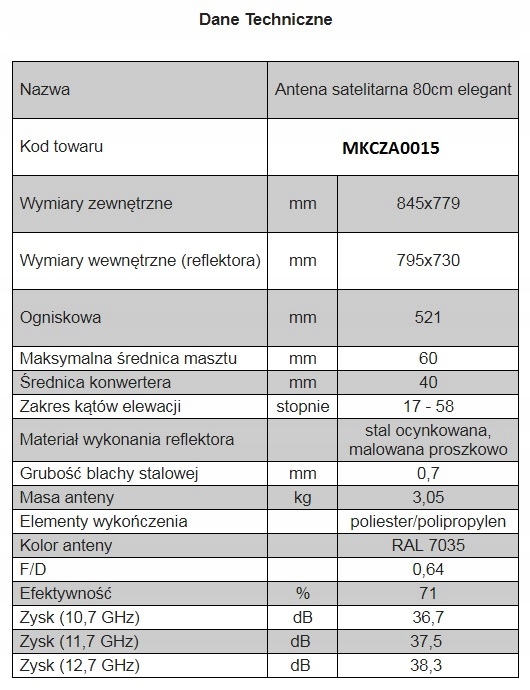 Antena czasza satelitarna FAMAVAL SP 30 - 80cm Waga produktu z opakowaniem jednostkowym 6 kg