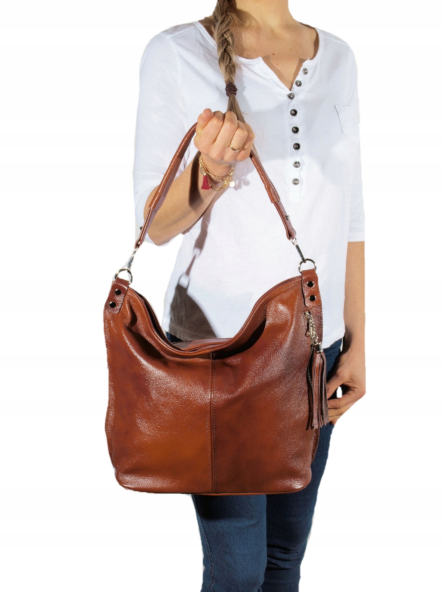 TOREBKA SKÓRZANA WOREK BRĄZOWO-RUDA LISTONOSZKA Kolor okuć srebrny