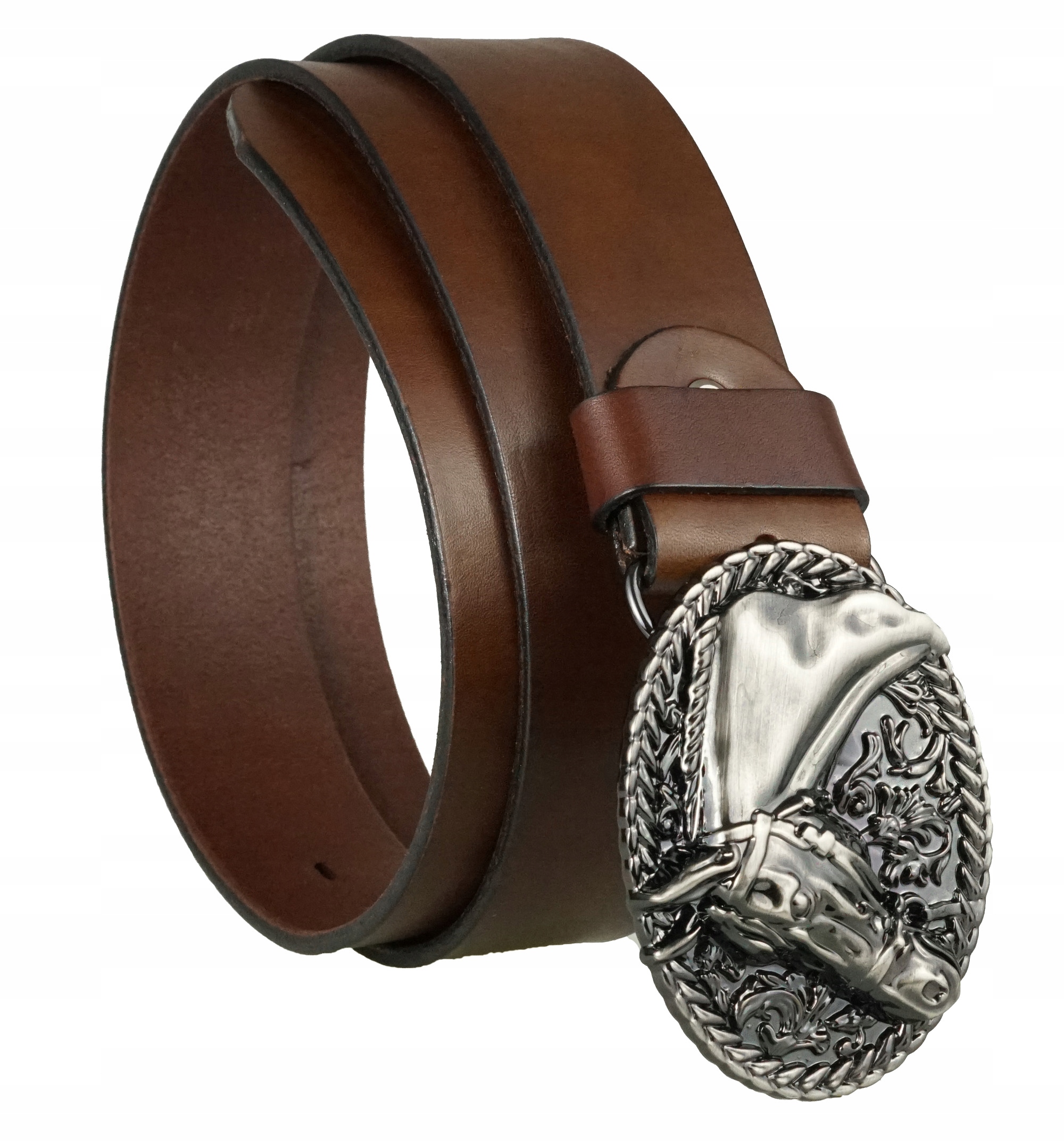 PASEK DO SPODNI SKÓRZANY 4 CM BRĄZ KLAMRA KOŃ 95