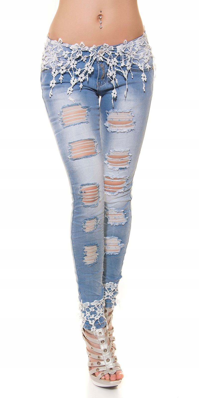 

W593 Biała Koronka Jeans Jasne Rurki Dziury 34 Xs