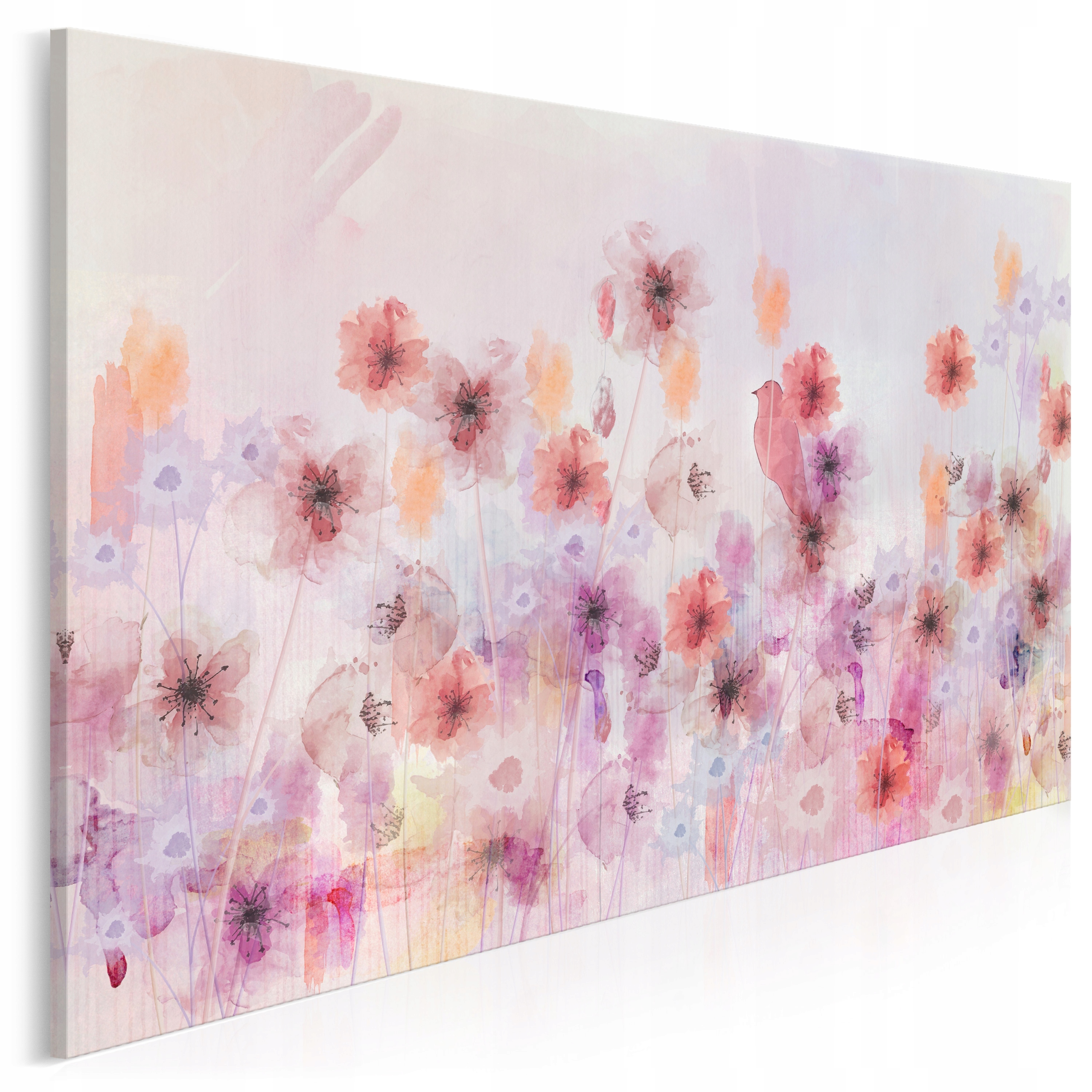 

86501 Obraz na płótnie Kwiaty Łąka Ptak Różowy