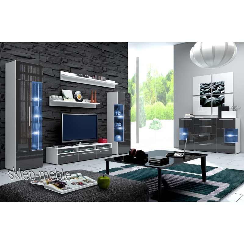 MEBLOŚCIANKA ROMA BIAŁY POŁYSK Z LED GRATIS! Kolor mebla wielokolorowy