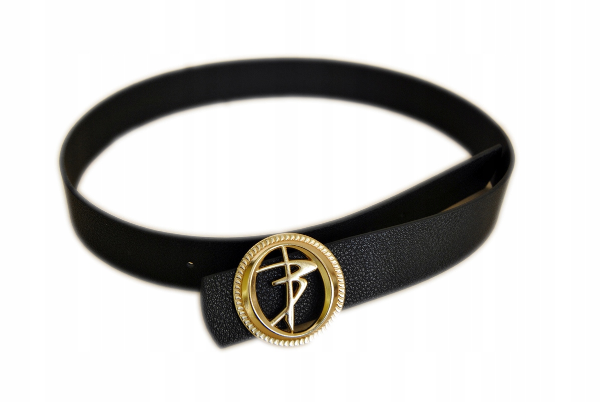 

Pasek damski czarny, złote koło. Imitacja skóry