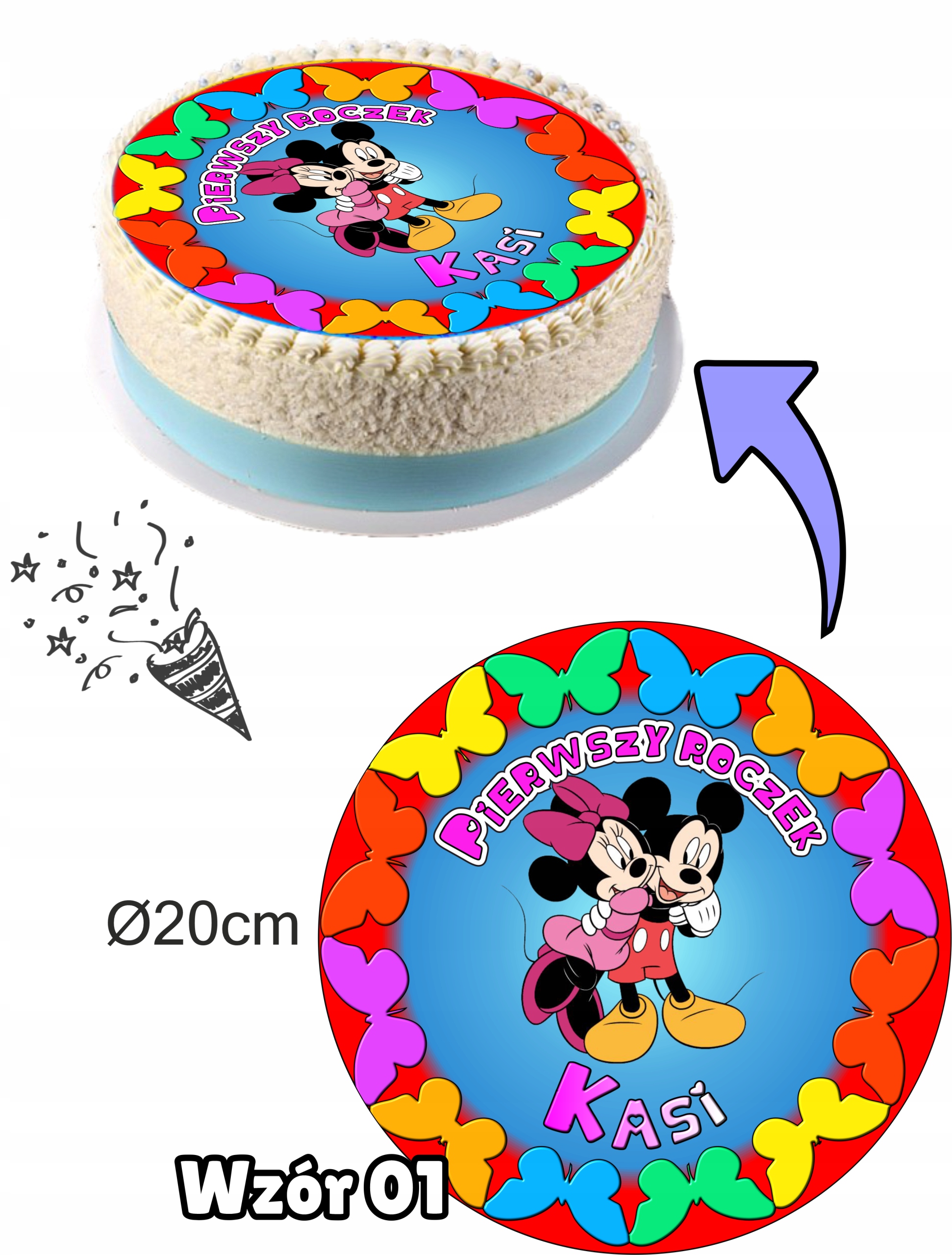 Opłatek Dekoracja na Tort PIERWSZE URODZINKI+imię Motyw bajkowy
