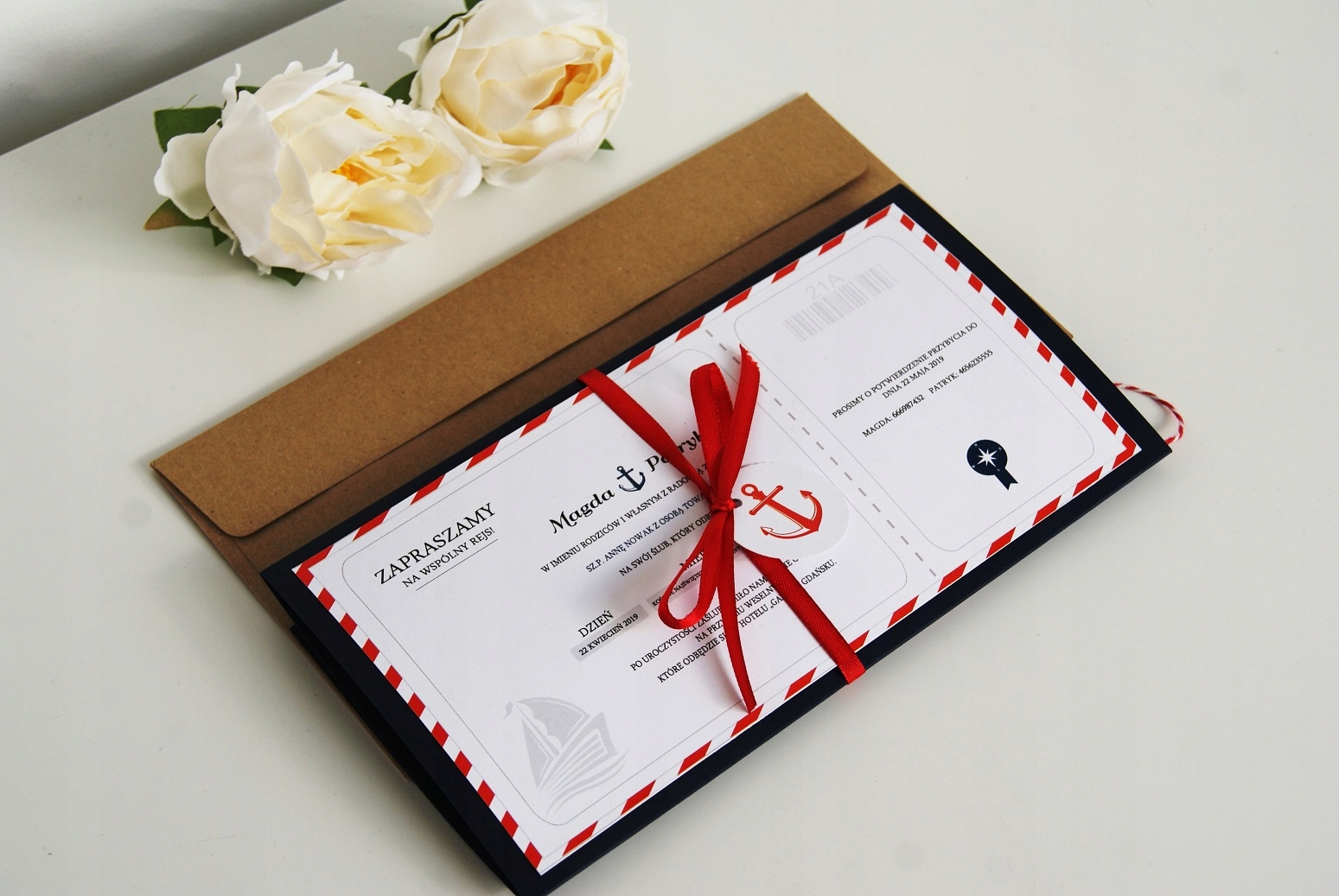 ZAPROSZENIA ŚLUBNE BILET NA REJS STATKIEM MORSKIE Wykończenie papieru matowe