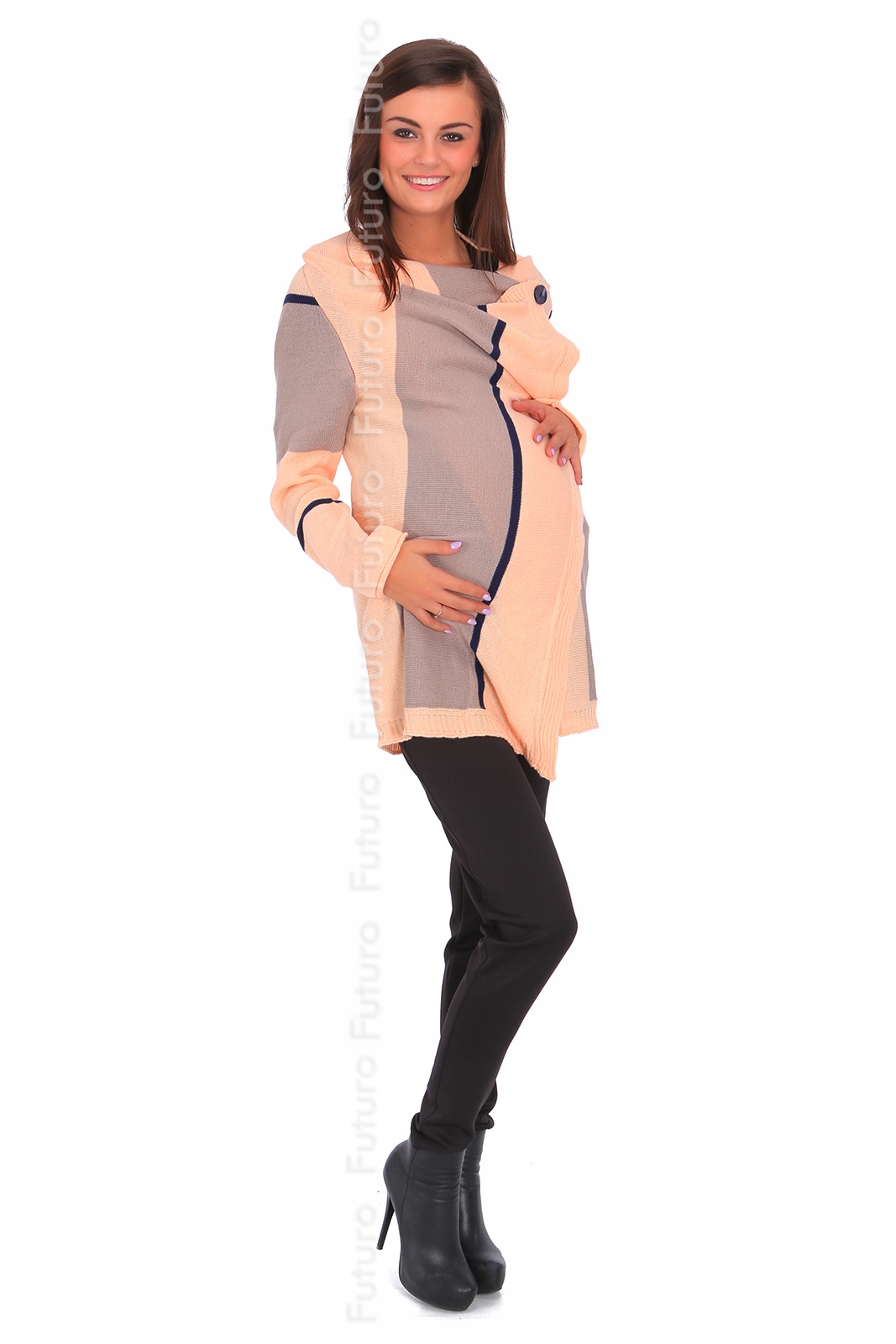 CIEPŁY KARDIGAN CIĄŻOWY SWETER PASKI PONCZO MV176