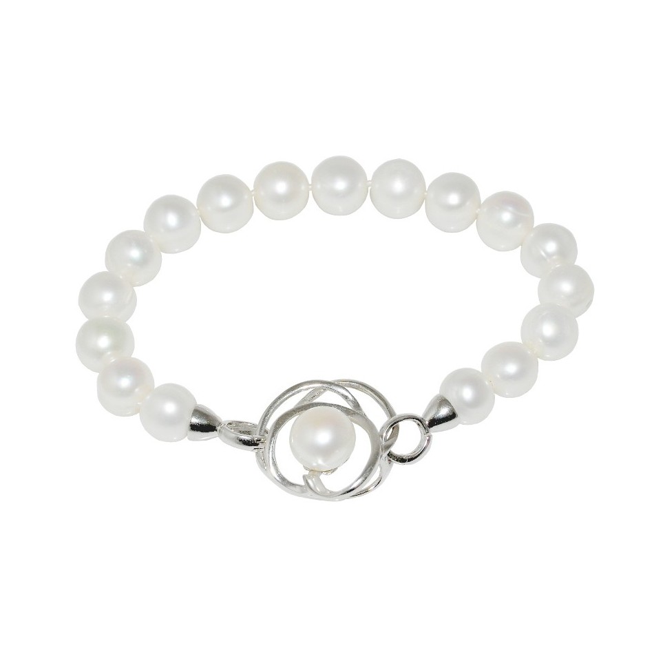 

Szykowna Srebrna Bransoletka Z Białych Pereł