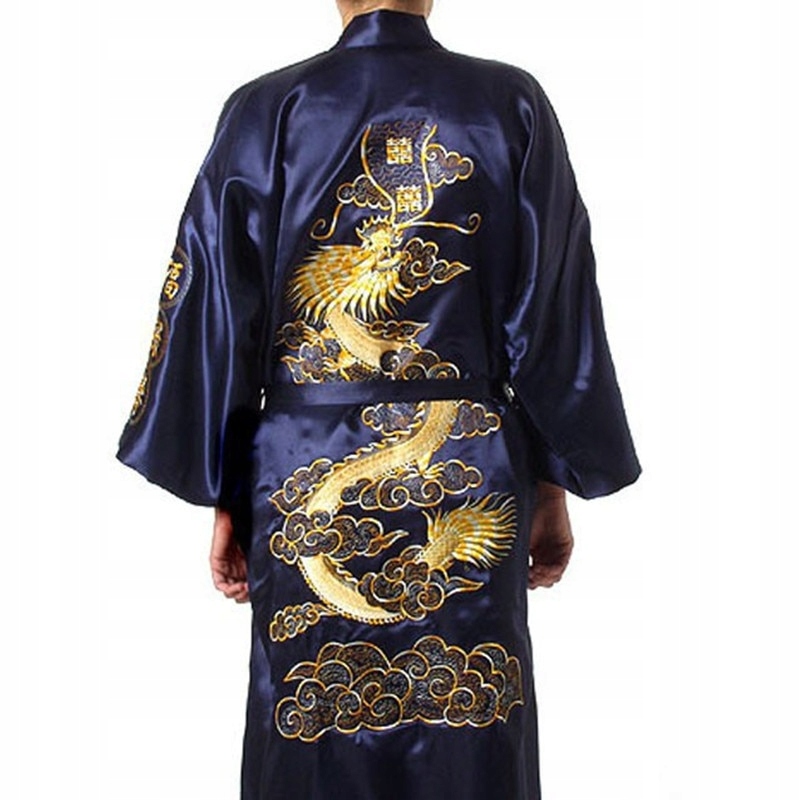 Kimono Szlafrok Chiński Złoty Smok Toga Haft Styl Ouryuu Sixiang Satyna L