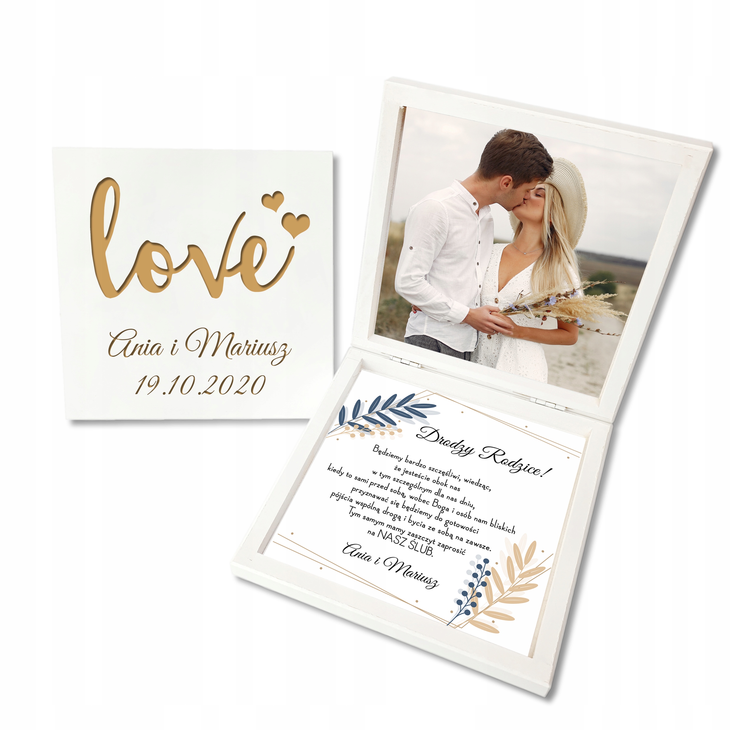 DREWNIANE ZAPROSZENIE dla RODZICÓW W PUDEŁKU ŚLUB WESELE TWOJE ZDJĘCIE B