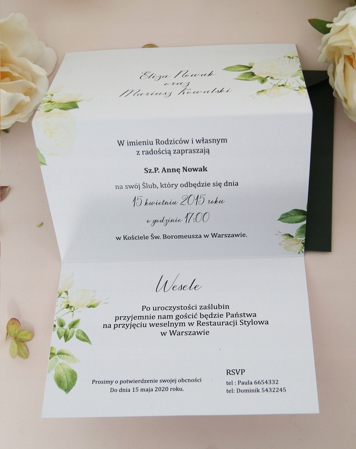 KWIATOWE ZAPROSZENIA ŚLUBNE ROZKŁADANE RÓŻE ŚLUB Zdobienie sznurek