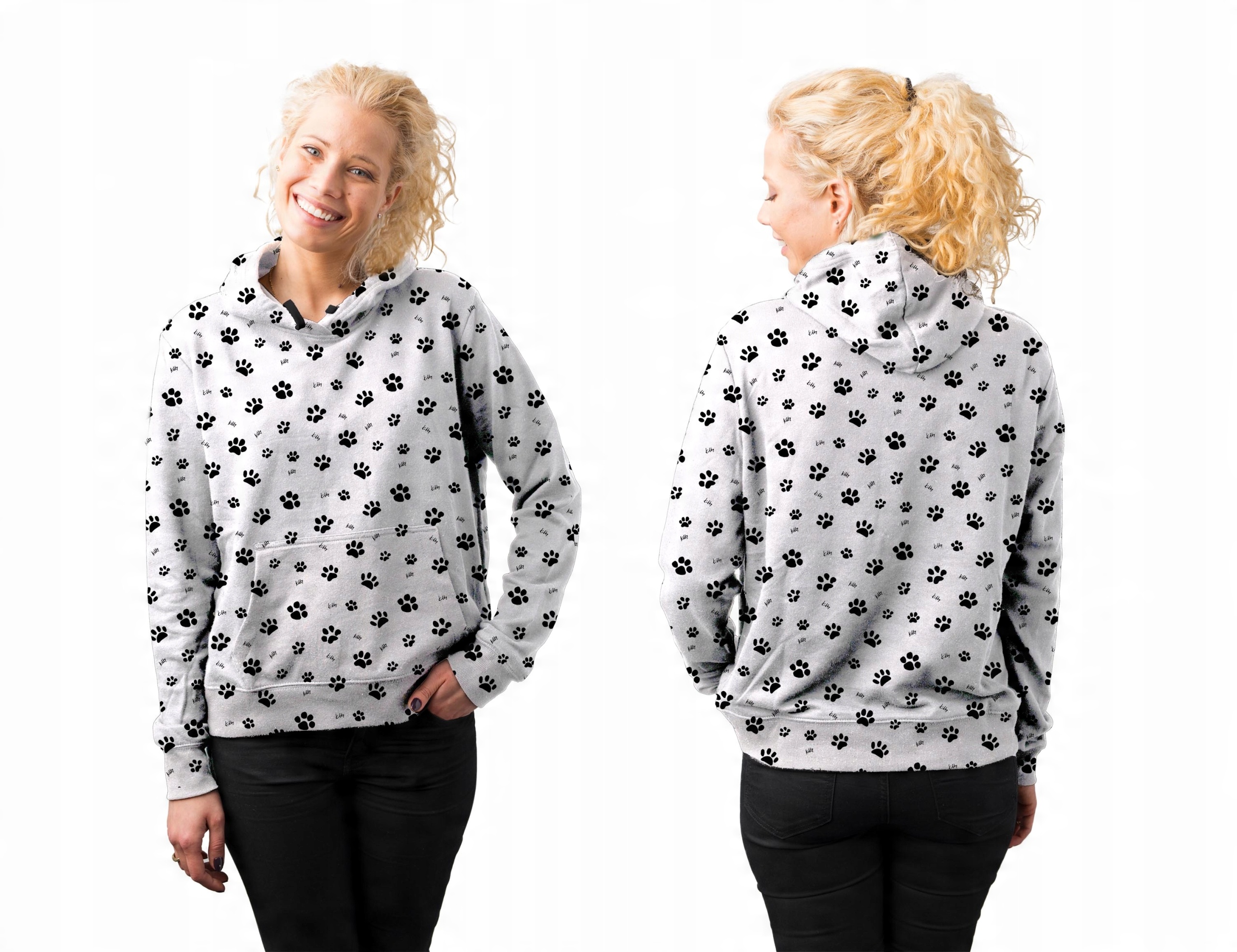 

Bluza Damska Print M Łapki Kapturem Kangurka Biała