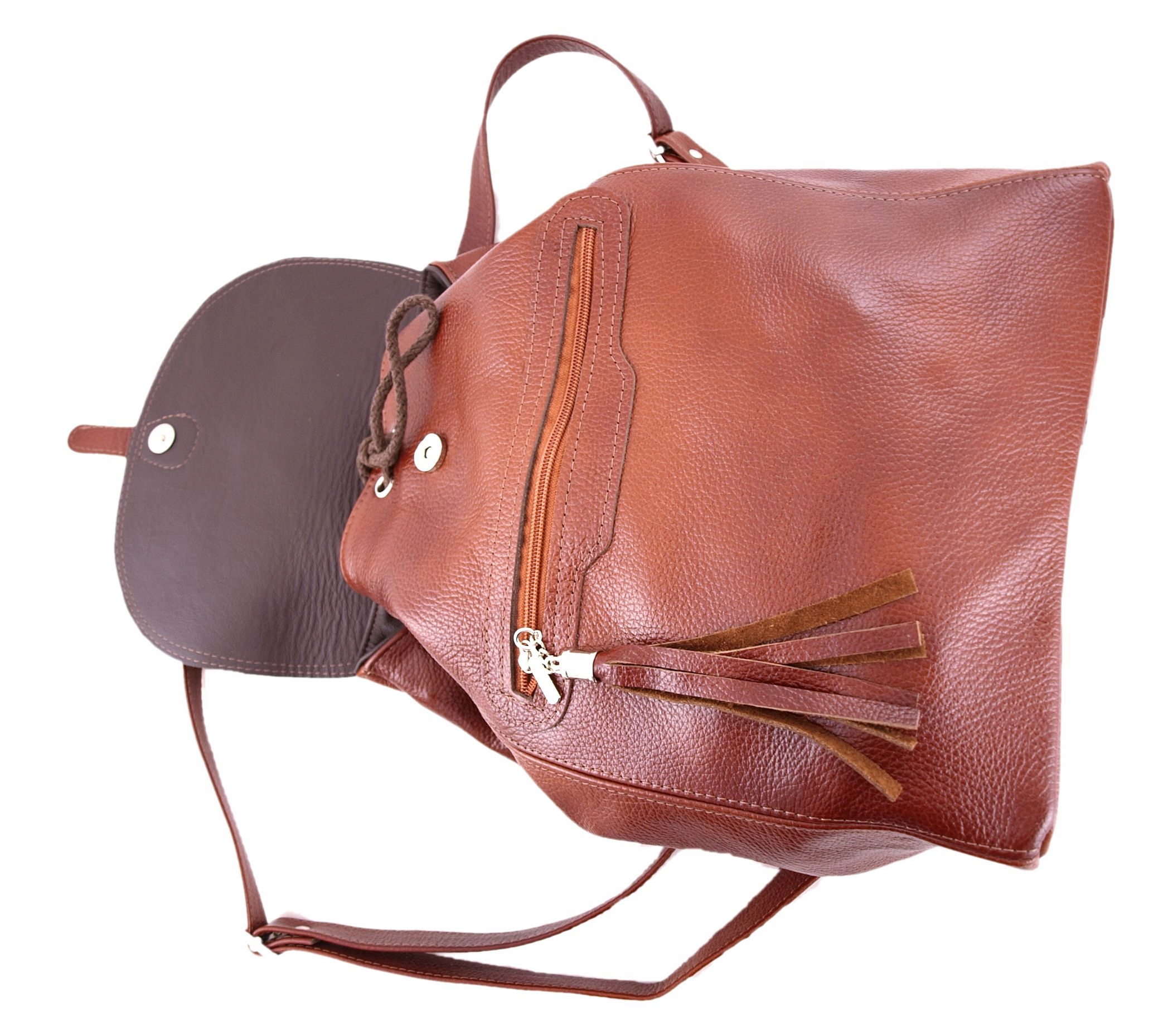 Torebka PLECAK SKÓRZANY KASZTANOWY z frędzlem Materiał dominujący skóra naturalna