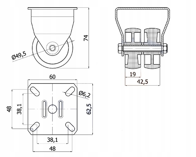 KOŁO KÓŁKA MEBLOWE fi 50 mm STAŁE TANDEM 70 kg Kod producenta M53B2