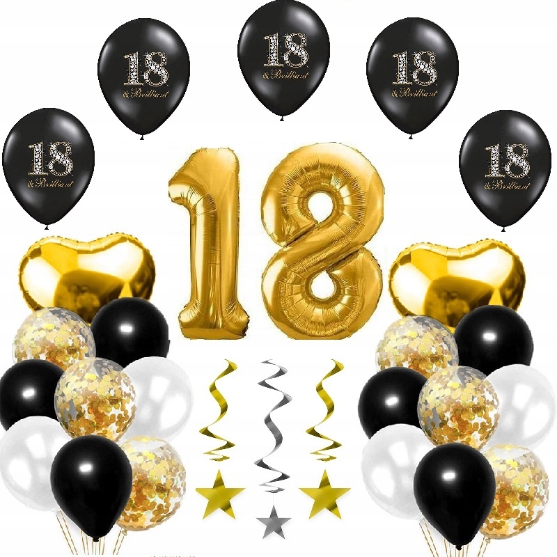 Zestaw balony CZARNE ZŁOTE 18 LAT na OSIEMNASTKĘ