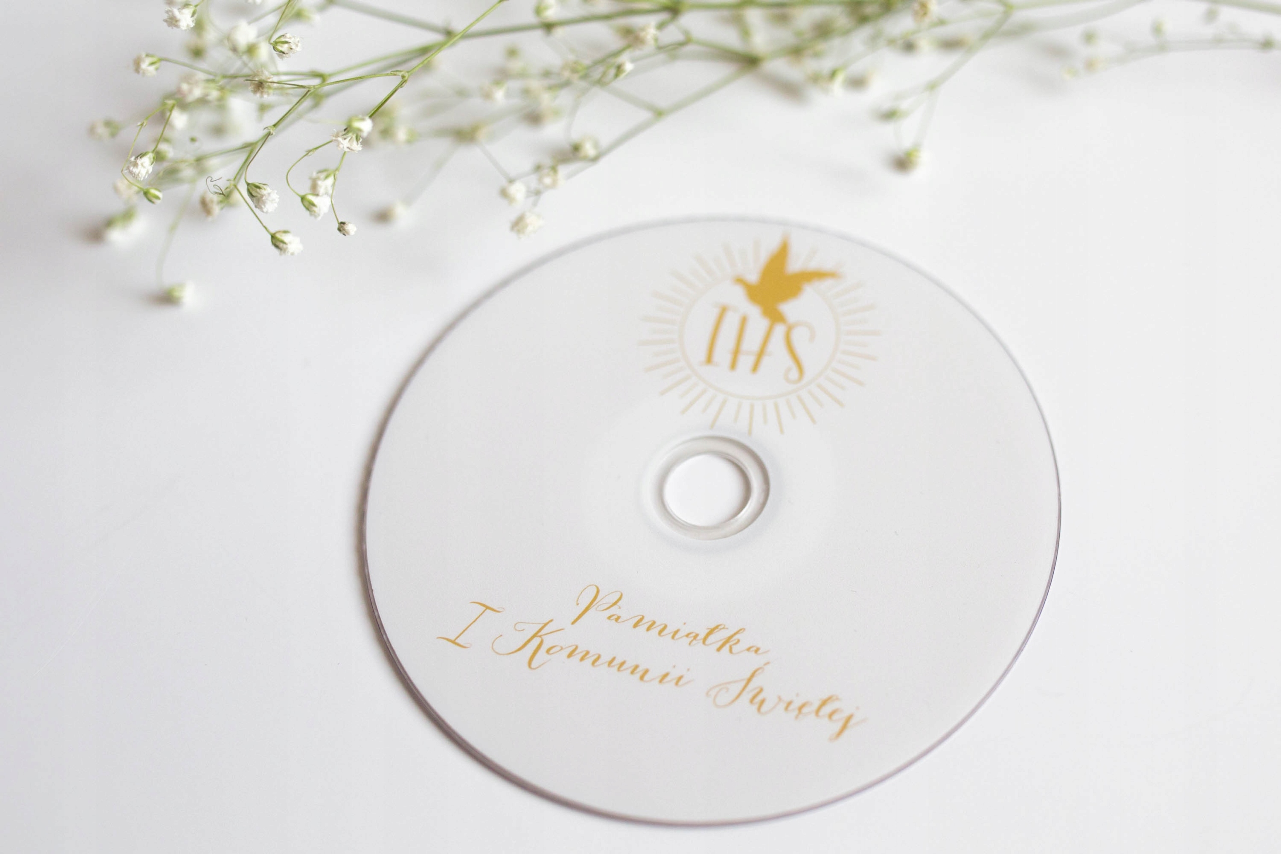 Płyta DVD z nadrukiem komunijnym PAMIĄTKA I KOMUNI ŚWIĘTEJ gołąbek IHS Model Płyty CD DVD z nadrukiem grafiką projekt