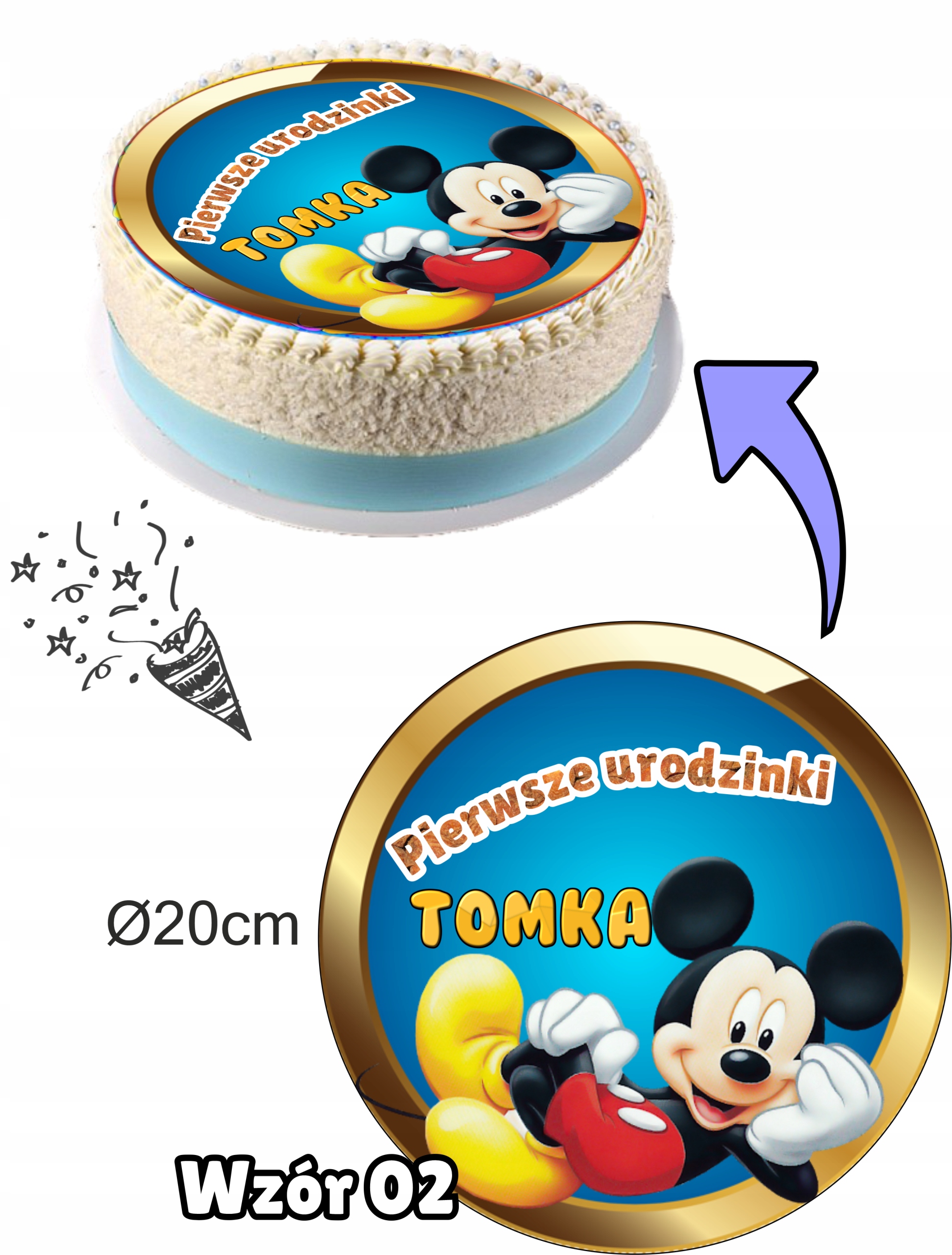 Opłatek Dekoracja na Tort PIERWSZE URODZINKI+imię Kod producenta PIERWSZE URODZINKI+imię